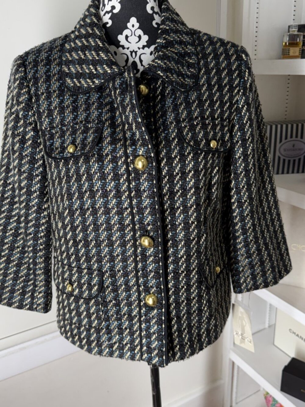 NWT R-E-Q Vintage Blazer Tweed Black White Blue4 Button Front Sz 12